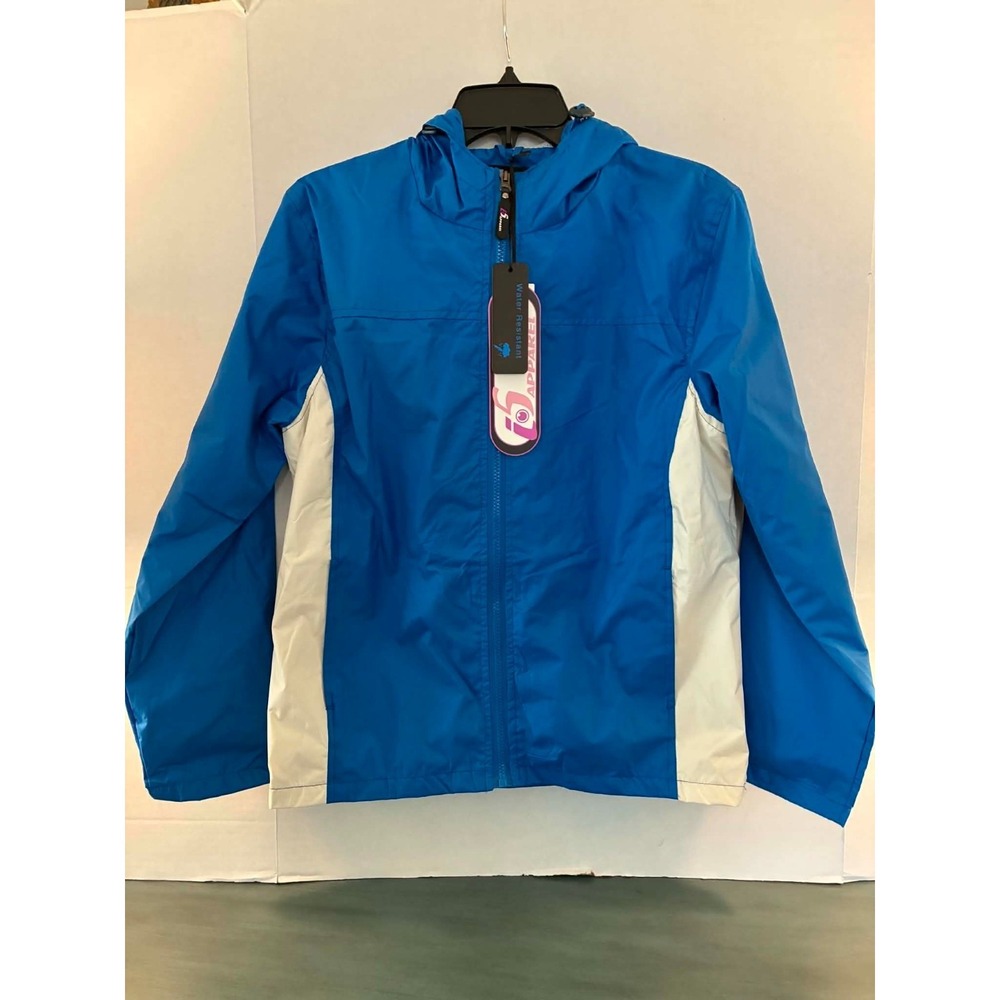 i5 Apparel Womens Small Blue White Hooded Rain Jacket Water Resistant Lightweigh
